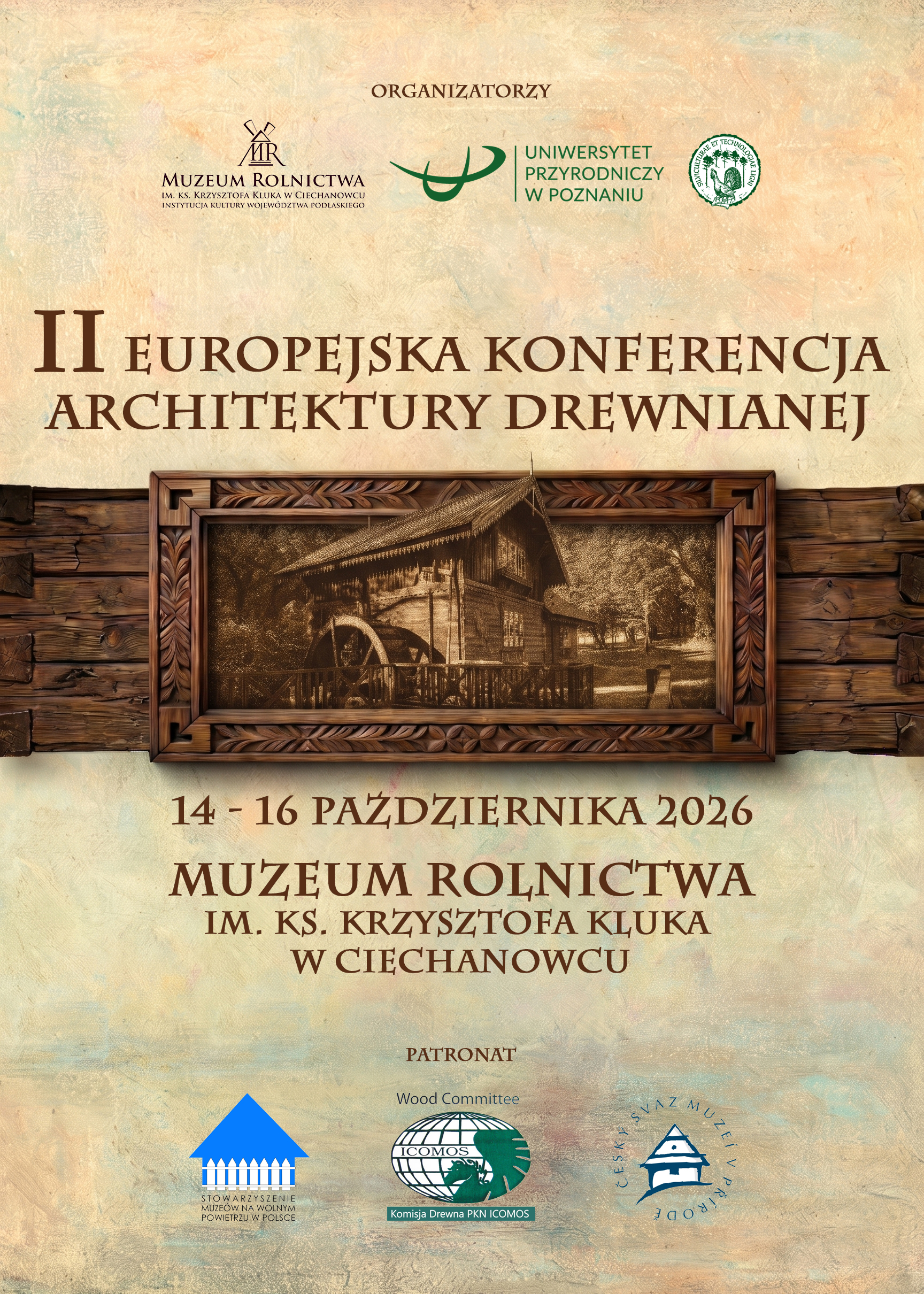 Plakat informacyjny II Europejskiej Konferencji Architektury Drewnianej (EKAD 2026).