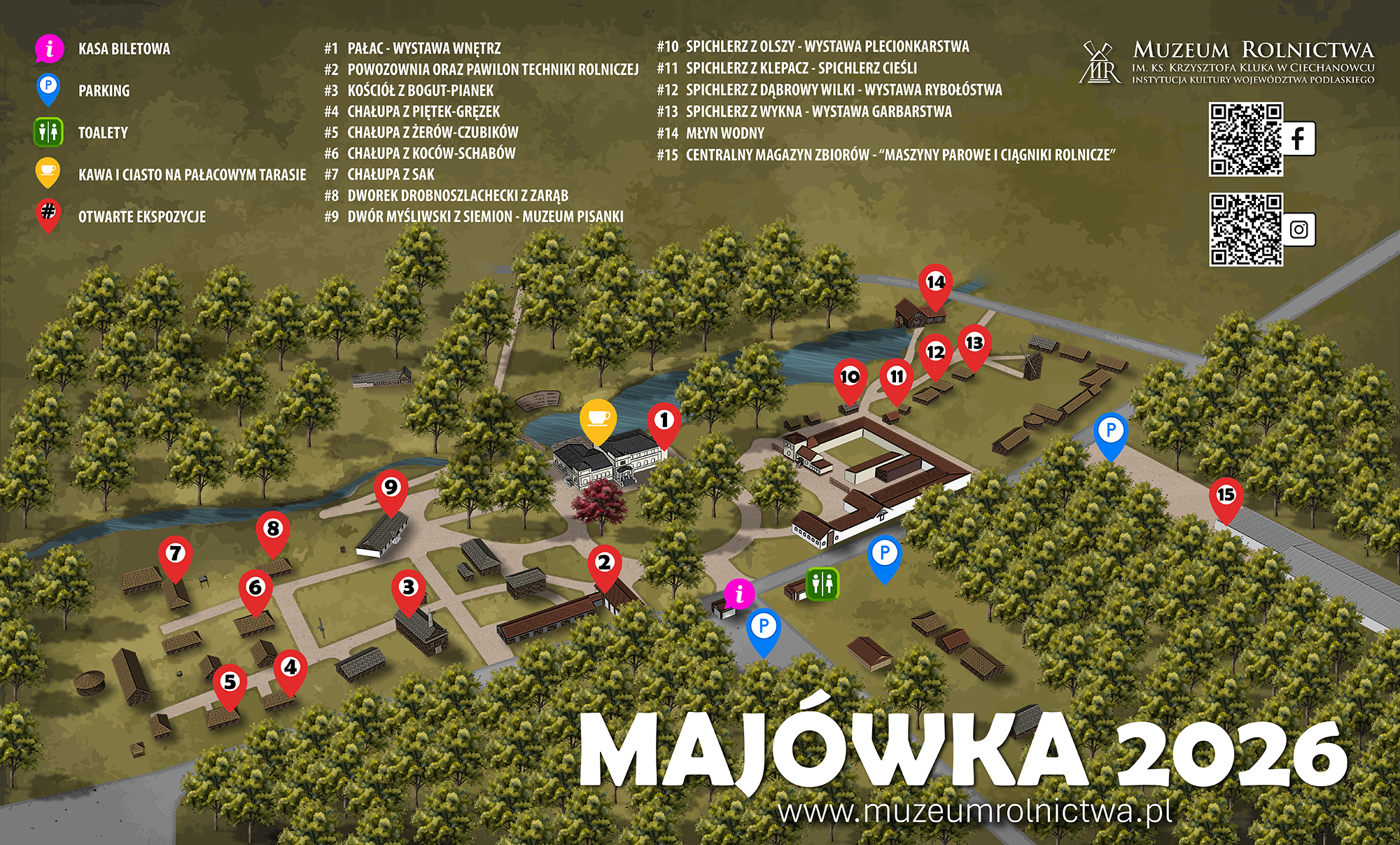 Grafika to ilustrowana, przestrzenna mapa terenu Muzeum Rolnictwa przygotowana z okazji wydarzenia Majówka 2026, która ukazuje z lotu ptaka zalesiony obszar ze ścieżkami, rzeką oraz licznymi zabudowaniami historycznymi, i zawiera rozbudowaną legendę opisującą piętnaście ponumerowanych znaczników wskazujących konkretne, otwarte dla zwiedzających ekspozycje, a także ikony informujące o lokalizacji kas biletowych, toalet, parkingów oraz strefy z kawą i ciastem.