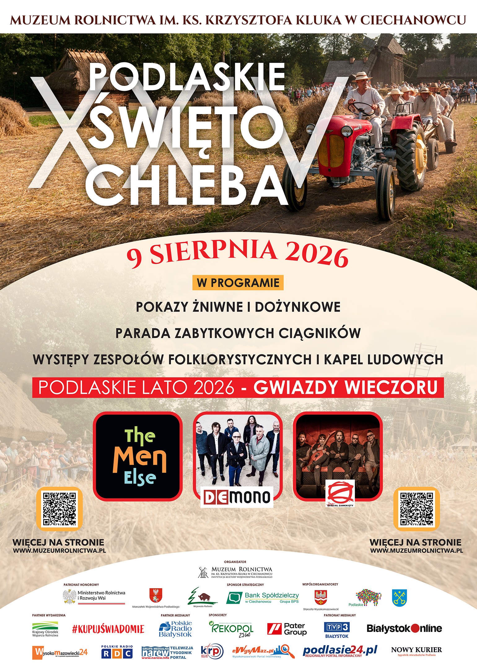 lakat zapowiadający XXIV Podlaskie Święto Chleba, które odbędzie się 9 sierpnia 2026 roku w Muzeum Rolnictwa w Ciechanowcu. W programie pokazy żniwne, parada ciągników oraz koncerty zespołów: The Men Else, De Mono i Oddział Zamknięty.