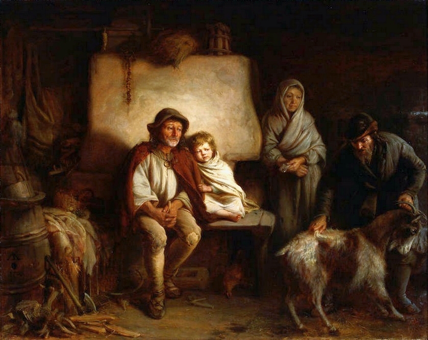 Na pierwszym obrazie przedstawiono scenę z życia chłopskiej rodziny w ubogiej chacie, gdzie mężczyzna siedzi na ławie z małym dzieckiem przy piecu, a obok stoją kobieta oraz gospodarz trzymający kozę. Innym możliwym opisem jest ujęcie wnętrza wiejskiej chaty z XIX wieku, w której rodzina odpoczywa przy piecu, a jeden z mężczyzn zajmuje się kozą. Można również opisać tę scenę jako przedstawienie codziennego życia chłopów, ukazujące rodzinę zgromadzoną w skromnym wnętrzu domu.