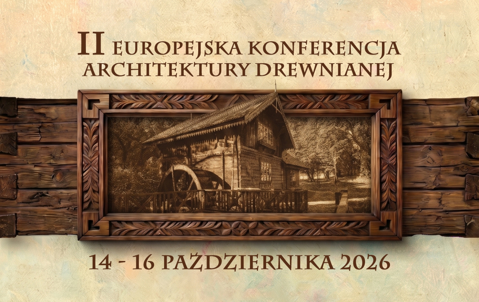 Baner zapraszający na II Europejską Konferencję Architektury Drewnianej, która odbędzie się w dniach 14–16 października 2026 roku. Na środku znajduje się ozdobna, drewniana rama z wizerunkiem zabytkowego młyna wodnego. Całość utrzymana w ciepłej, beżowo-brązowej kolorystyce na tle o teksturze płótna.