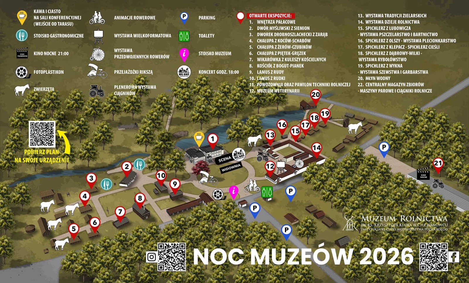 Ilustrowana, izometryczna mapa terenu Muzeum Rolnictwa w Ciechanowcu, przygotowana specjalnie na wydarzenie „Noc Muzeów 2026”. Mapa pokazuje układ budynków, ścieżek, terenów zielonych, lasów, rzeki i stawów w widoku z lotu ptaka. Na mapie rozmieszczone są czerwone pinezki z białymi numerami od 1 do 22, korelujące ze szczegółową listą ekspozycji.