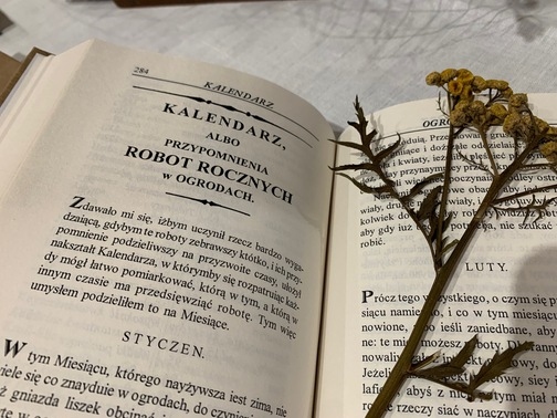 Otwarte stare wydanie książki o ogrodnictwie z zasuszoną gałązką jako zakładką.