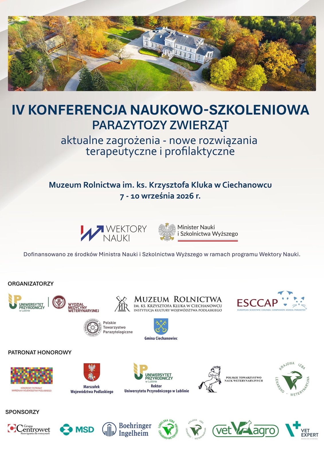 Plakat informujący o IV Konferencji Naukowo-Szkoleniowej Parazytozy Zwierząt odbywającej się w dniach 7-10 września 2026 r. w Muzeum Rolnictwa w Ciechanowcu.