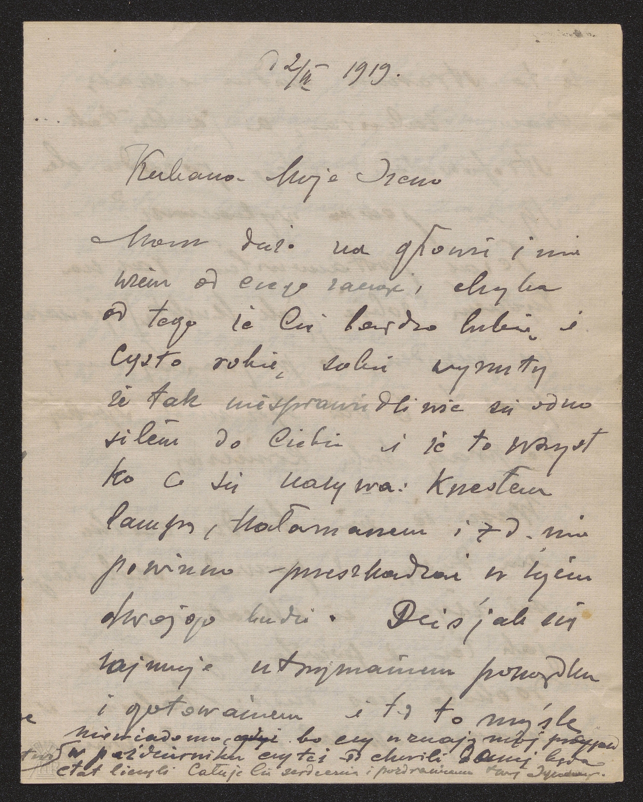Archiwalny list z 1919 roku, zapisany odręcznie czarnym atramentem na pożółkłej kartce papieru.