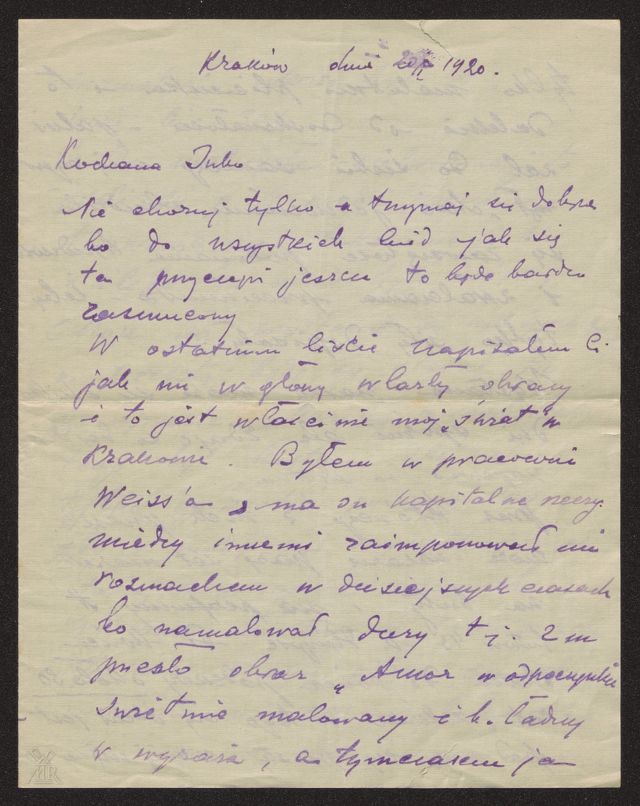 Archiwalny list z Krakowa z 1920 roku, zawierający odręczną korespondencję zapisaną fioletowym atramentem na jasnej kartce papieru.