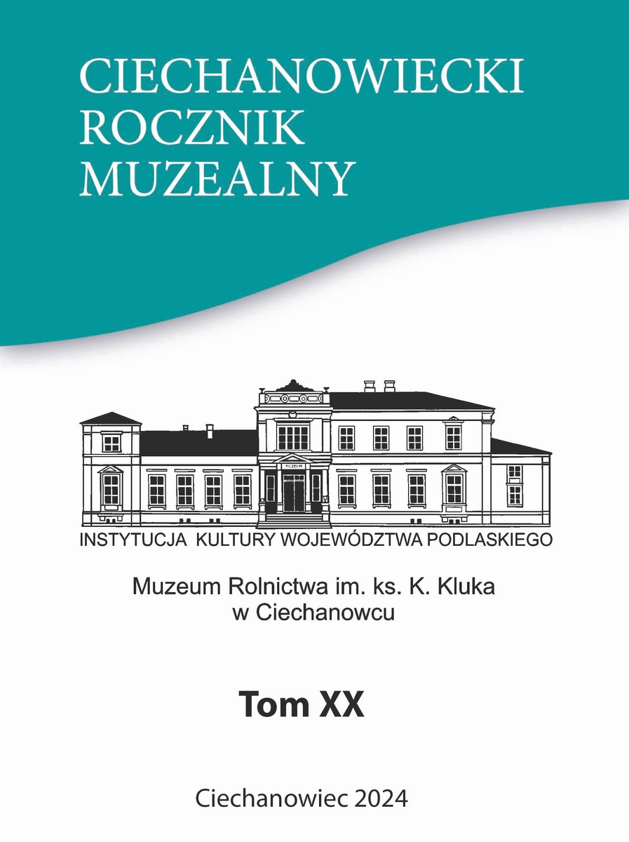 Okładka „Ciechanowieckiego Rocznika Muzealnego” z rysunkiem budynku muzeum. Tytuł jest pogrubiony, turkusowy, tekst wskazuje na tom XX, Ciechanowiec 2024.