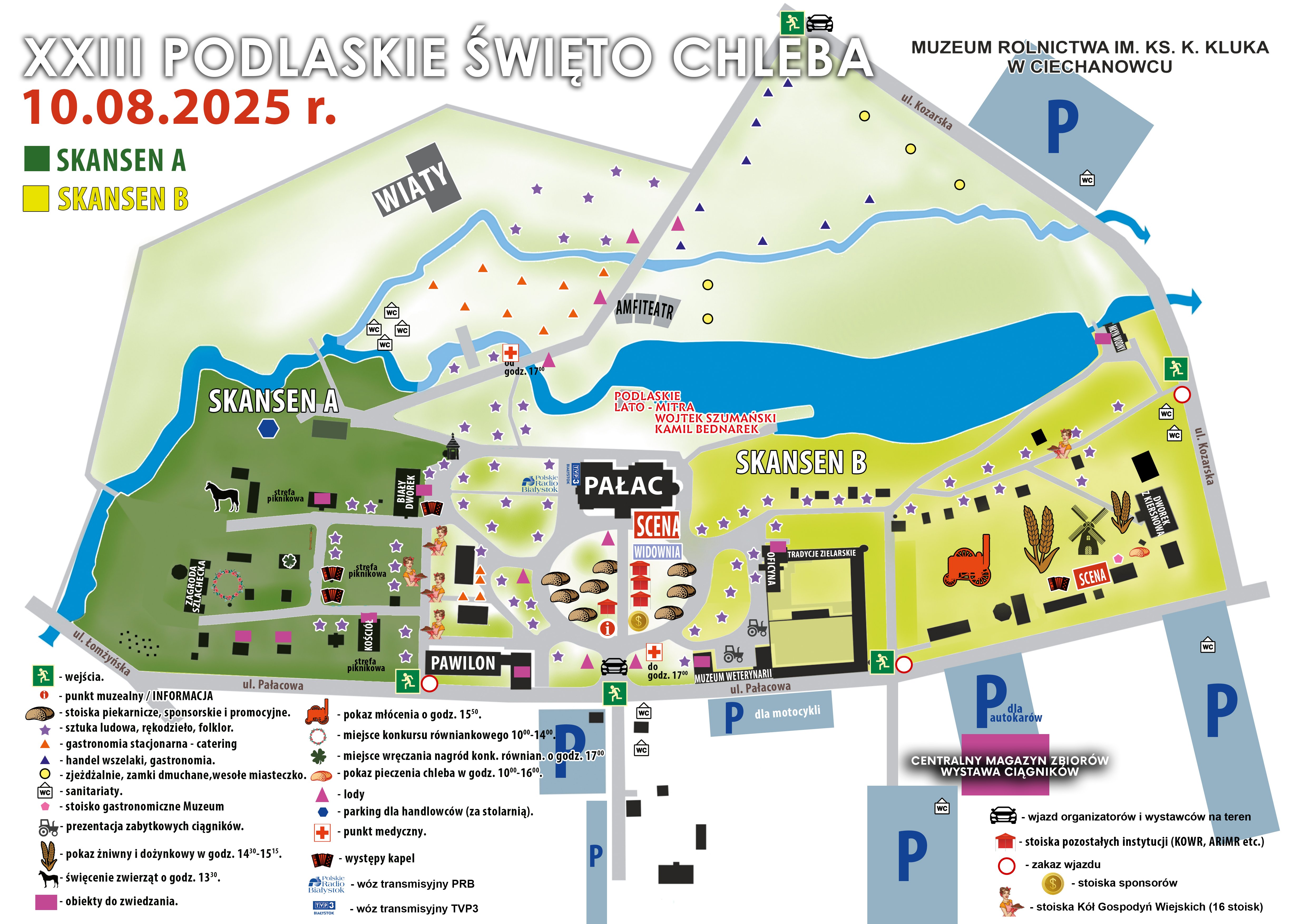 Mapa XXIII Podlaskiego Święta Chleba, które odbędzie się 10 sierpnia 2025 r., przedstawiająca strefy A i B Skansenu, parking i najważniejsze atrakcje. Całość utrzymana w świątecznej tematyce.