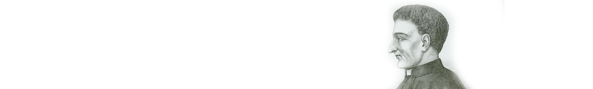 Rysunek profilowy mężczyzny z krótkimi, kręconymi włosami i koszulą z kołnierzykiem, zwróconego w prawo. Prosty, historyczny szkic umieszczono na jednolitym, białym tle.