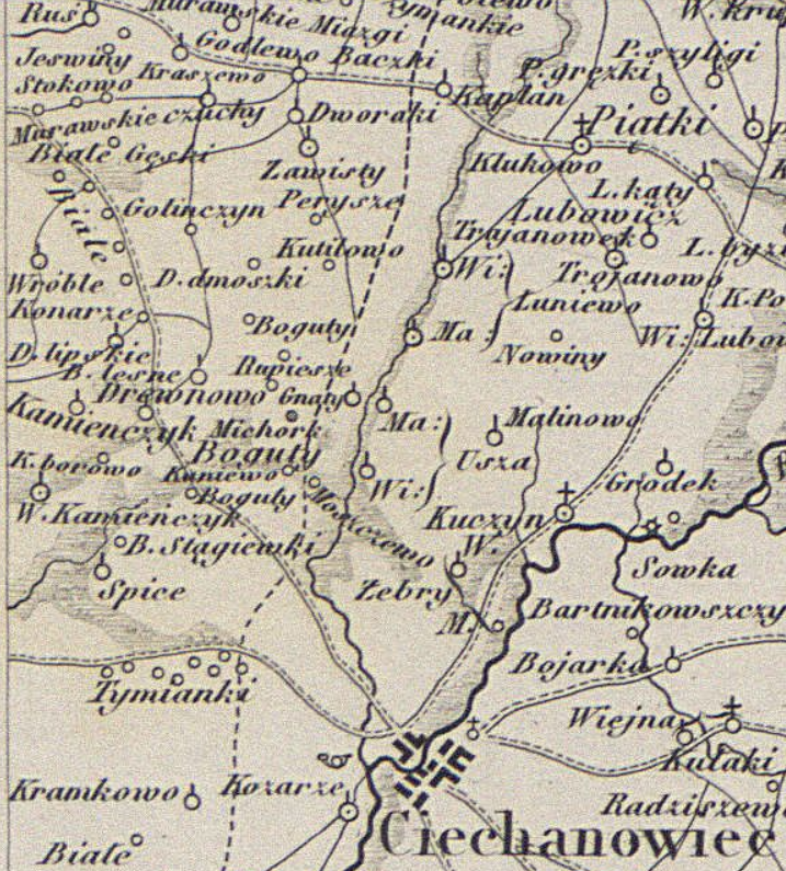 Fragment mapy archiwalnej przedstawiający szczegółową sieć miejscowości w regionie wokół Ciechanowca. Przedstawia drogi, wsie i atrakcje przyrodnicze. Historyczny klimat.