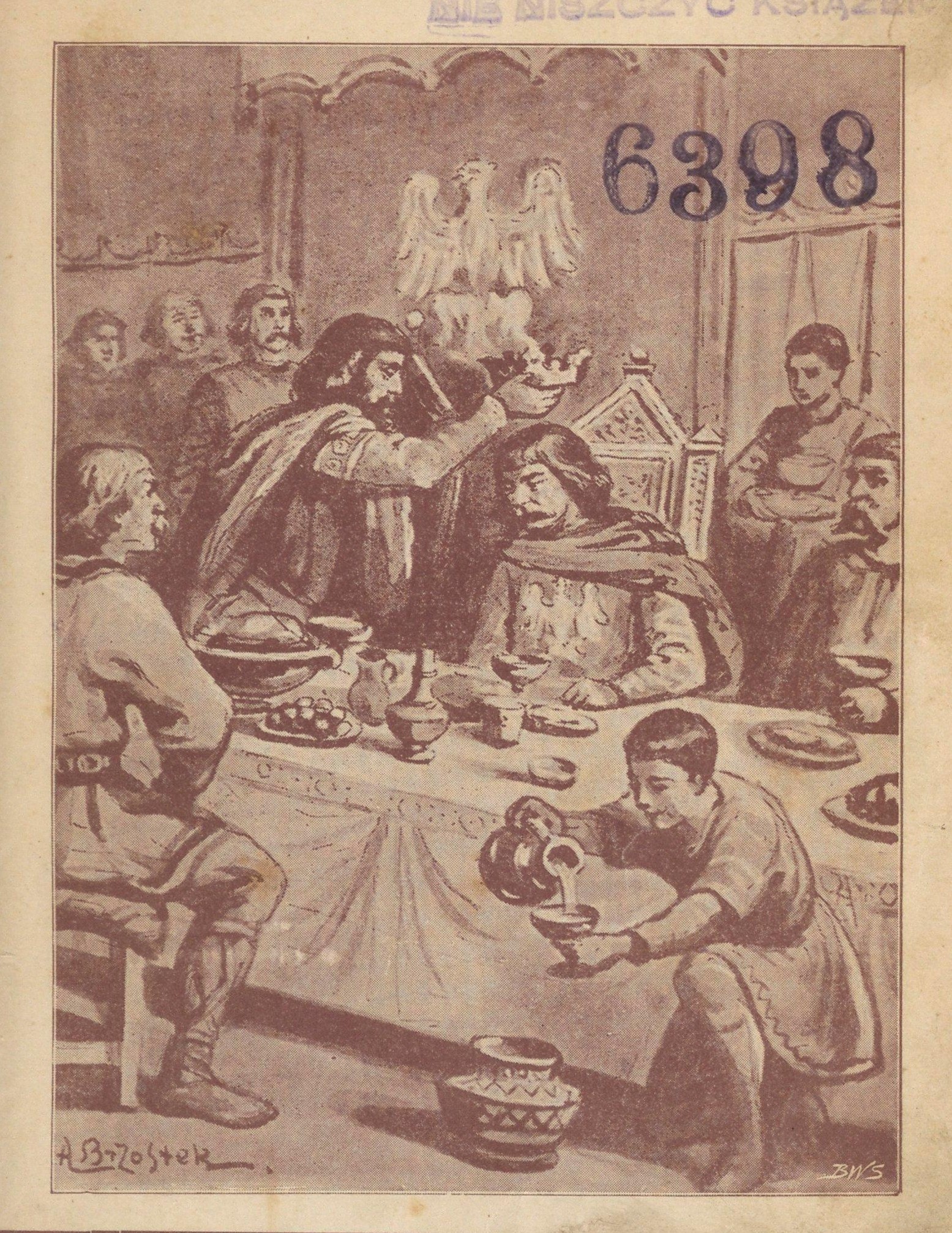 Scena średniowiecznej uczty, w której mężczyzna koronuje drugiego w grupie przy długim stole. Atmosfera jest formalna i królewska, z bogatymi zdobieniami.