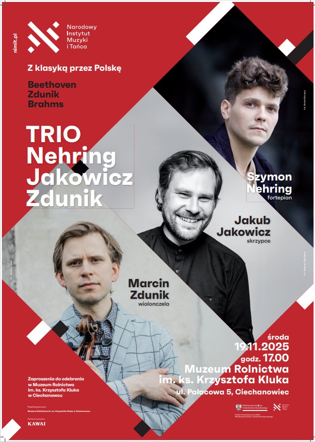 Plakat koncertowy do „Trio Nehring, Jakowicz, Zdunik” ze zdjęciami trzech muzyków. Wyrazisty czerwono-szary wzór zapowiada występ 19 listopada 2025 roku w Muzeum w Ciechanowcu.