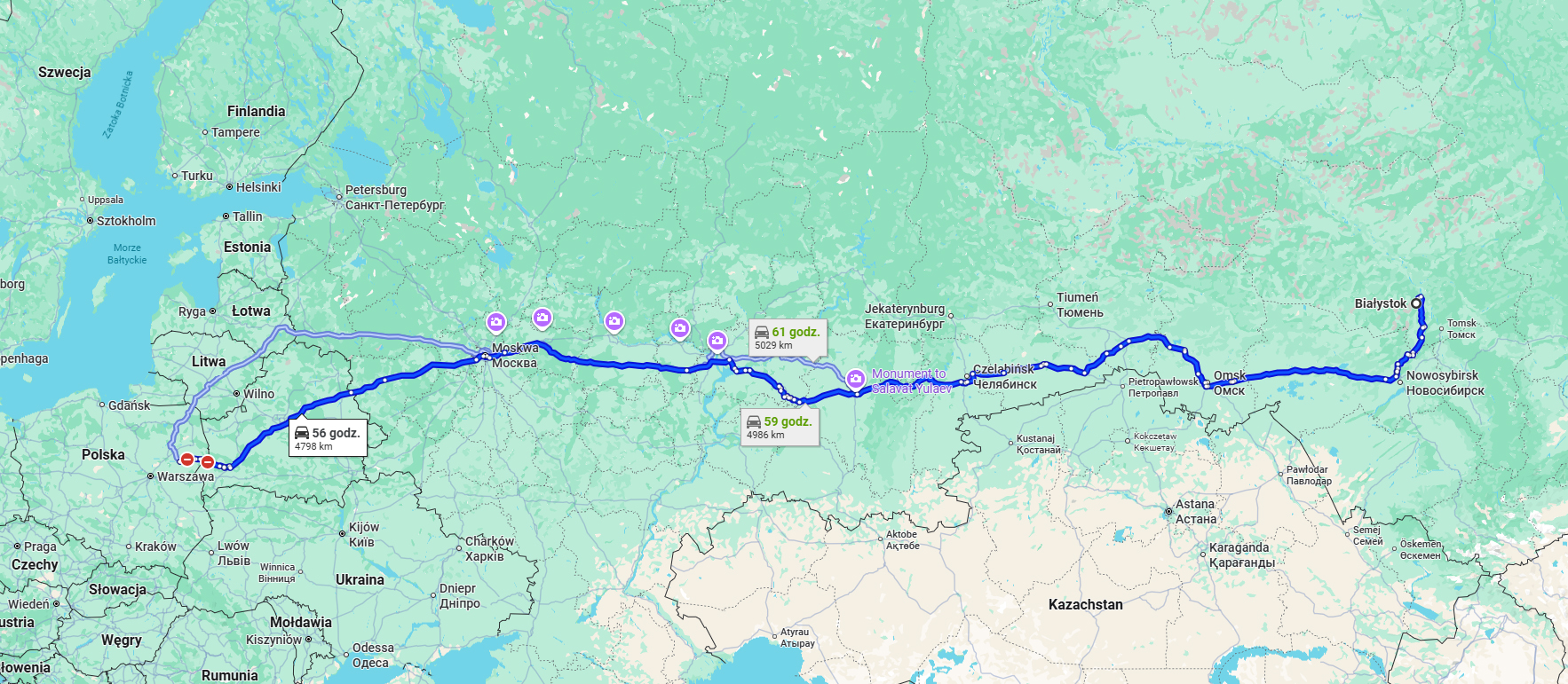 Mapa pokazująca trasę z Omska w Rosji do Piotrkowa Trybunalskiego w Polsce. Niebieska linia wyznacza trasę, przebiegającą przez główne miasta, ze znacznikami odległości.