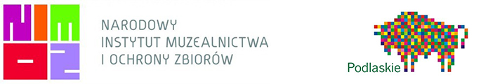 Logo Narodowego Instytutu Muzealnictwa i Ochrony Zbiorów z kolorowym pikselowanym żubrem reprezentującym województwo podlaskie.